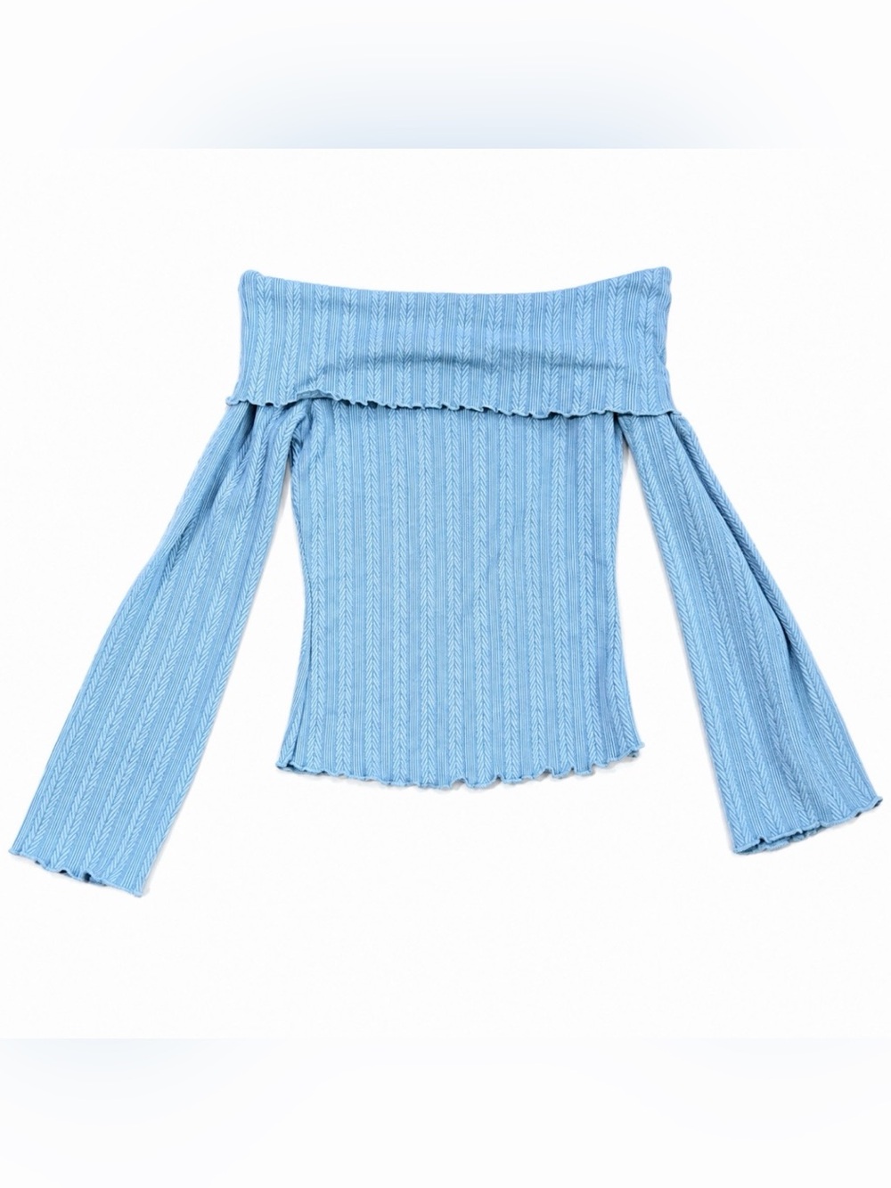 DAZY  Blue Off Shoulder Ribbed Knit Bell Sleeve Top Size S Y2K
